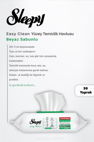 Sleepy Easy Clean Beyaz Sabunlu Yüzey Temizlik Mendili Seti 3'lü ve ROSIE Pamuk