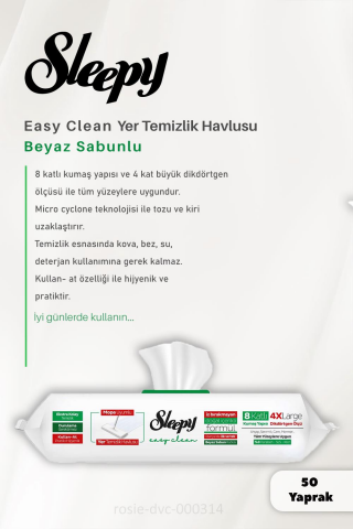 Sleepy Easy Clean Beyaz Sabunlu Yüzey Temizlik Mendili Seti 3'lü ve ROSIE Pamuk