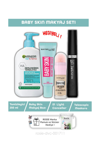 Loreal Paris Telescopic Maskara, Baby Skin Gözenek Gizleyici, Conceller 01 Light, Yüz Temizleyici 250 ml ve ROSIE