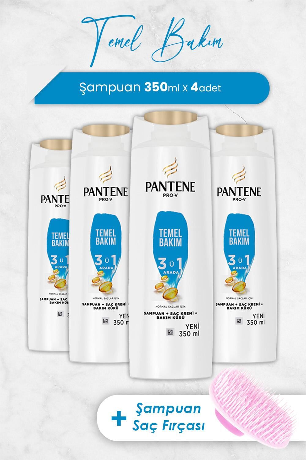 Pantene Şampuan Pro-V Temel Bakım 3'ü 1 Arada 350 ml x 4 Adet ve Şampuan Fırçası