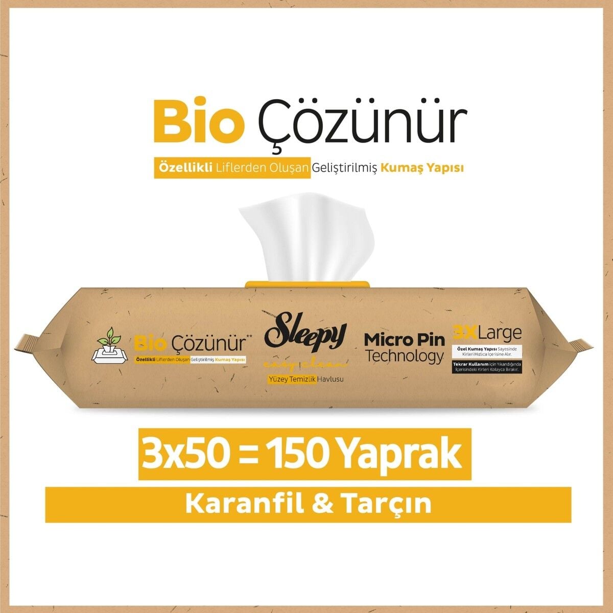 Sleepy Bio Çözünür Yüzey Temizlik Havlusu Karanfil&Tarçın 3x50 (150 Yaprak)