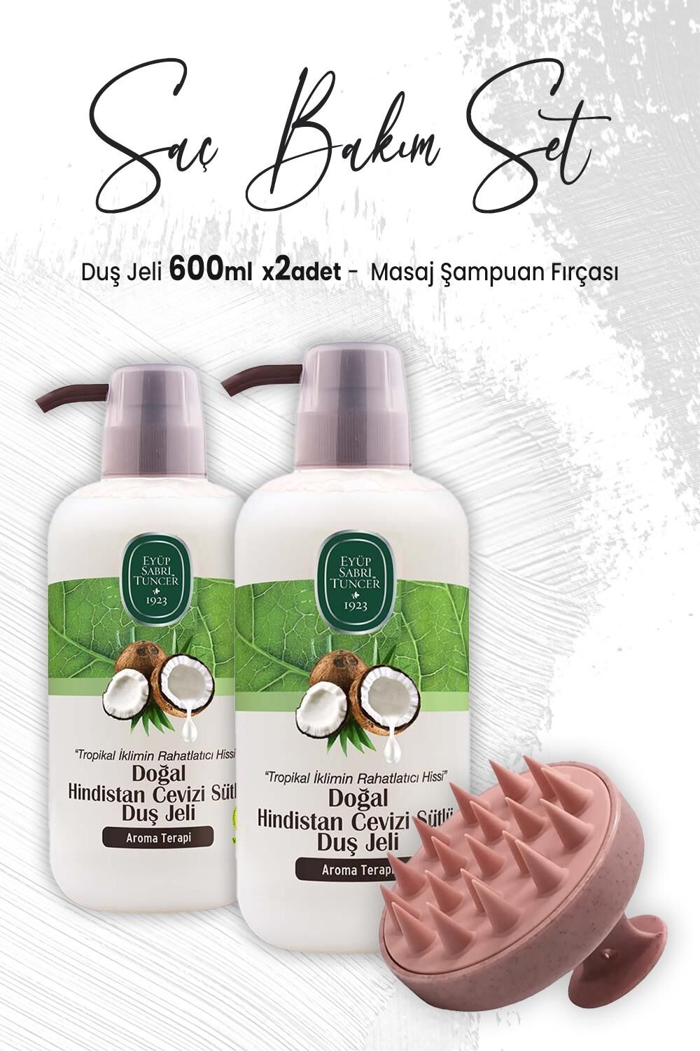 Eyüp Sabri Tuncer Hindistan Cevizi Duş Jeli 600 ml x 2 Adet ve Masaj Şampuan Fırçası Pembe