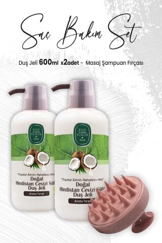 Eyüp Sabri Tuncer Hindistan Cevizi Duş Jeli 600 ml x 2 Adet ve Masaj Şampuan Fırçası Pembe