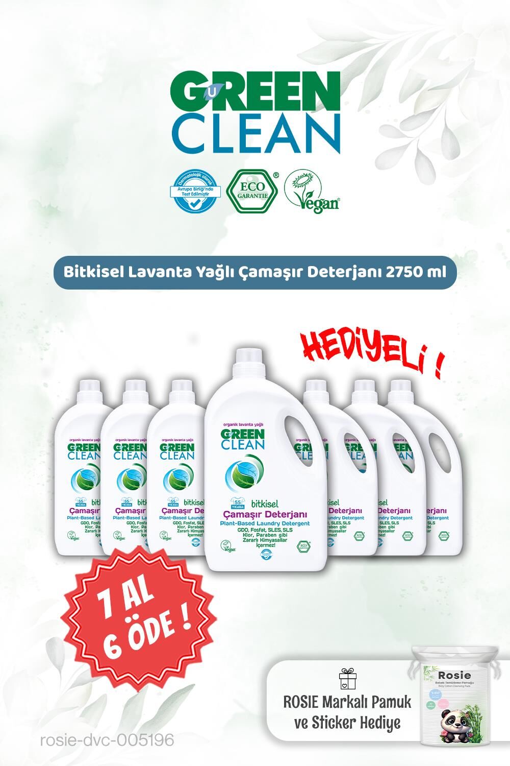 Green Clean Bitkisel Çamaşır Deterjanı 2750 ml 7 AL 6 ÖDE ve Rosie Hediye