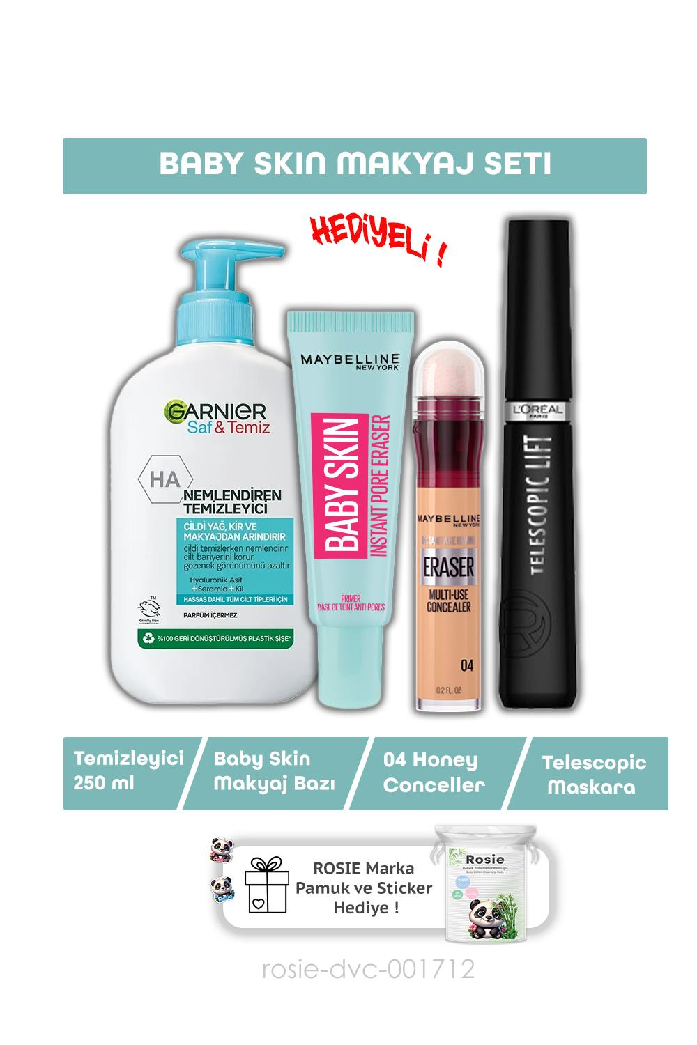Loreal Paris Telescopic Maskara, Baby Skin Gözenek Gizleyici, Conceller 04 Honey, Yüz Temizleyici 250 ml ve ROSIE