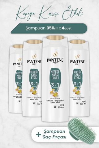 Pantene Şampuan Pro-V Kepeğe Karşı Etkili 3'ü 1 Arada 350 ml x 4 Adet ve Şampuan Fırçası