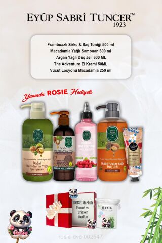 Argan Duş Jeli, Macadamia Şampuan ve Losyon, Frambuazlı Tonik, The Adventure Krem ve Rosie