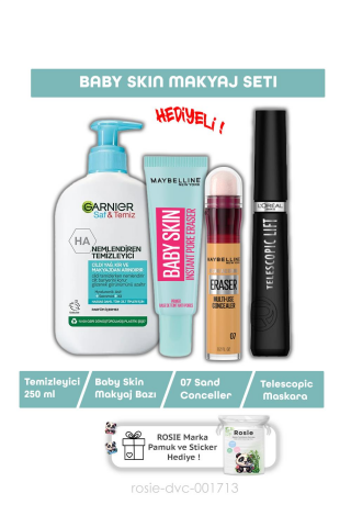 Loreal Paris Telescopic Maskara, Baby Skin Gözenek Gizleyici, Conceller 07 Sand, Yüz Temizleyici 250 ml ve ROSIE