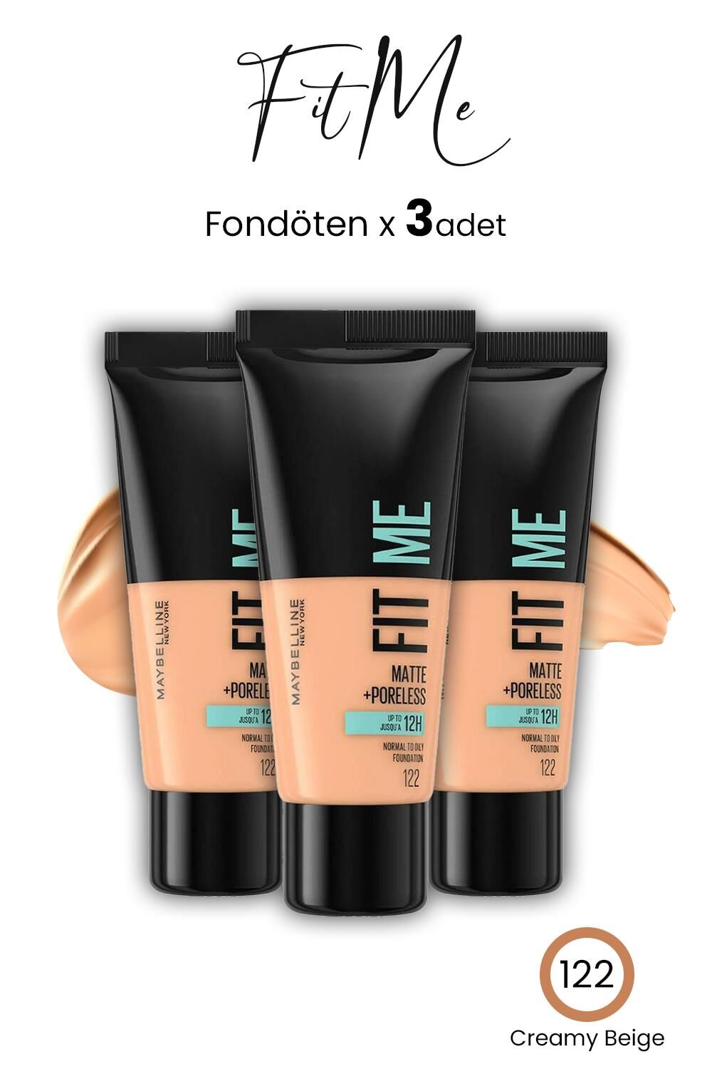 Maybelline Fit Me Matte+Poreless Fondöten 30 ML Creamy Beige 122 x 3 Adet