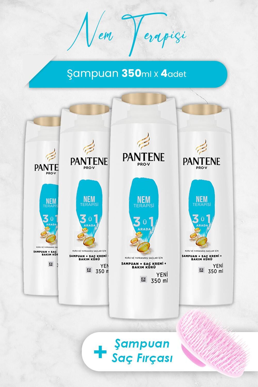 Pantene Şampuan Pro-V Nem Terapisi 3'ü 1 Arada 350 ml x 4 Adet ve Şampuan Fırçası