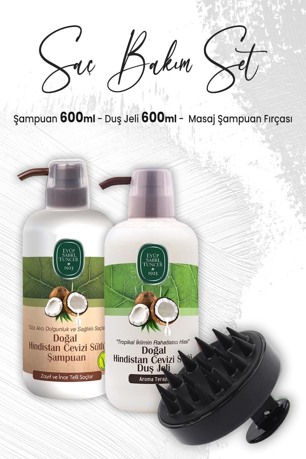 Eyüp Sabri Tuncer Hindistan Cevizi Şampuan 600 ml, Duş Jeli 600 ml ve Masaj Şampuan Fırçası Siyah