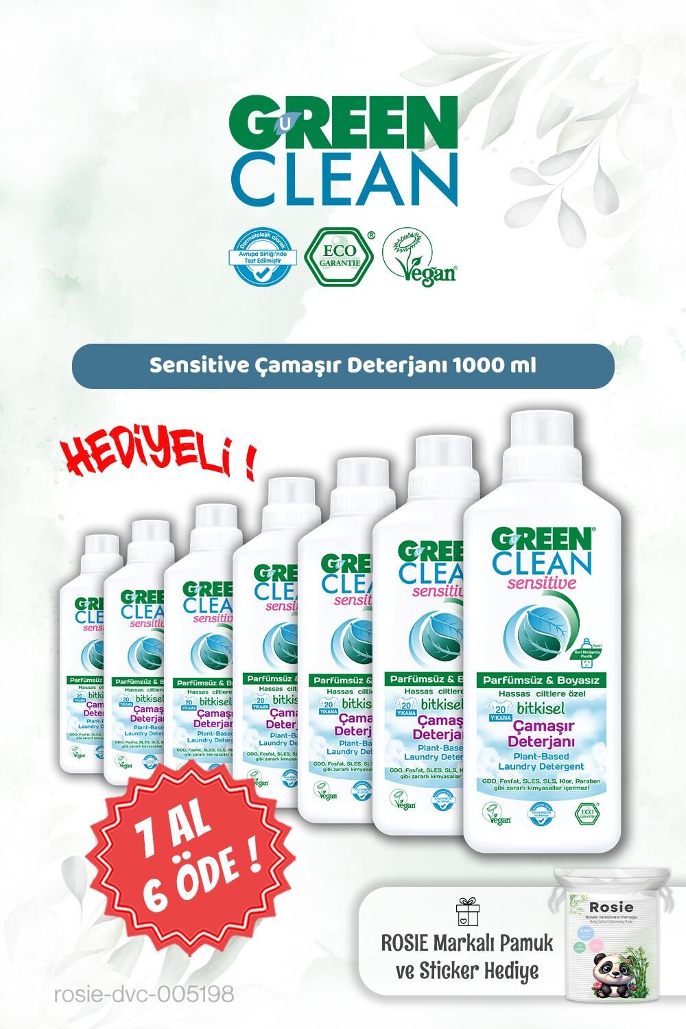 Green Clean Sensitive Çamaşır Deterjanı 1000 ml 7 AL 6 ÖDE ve Rosie Hediye