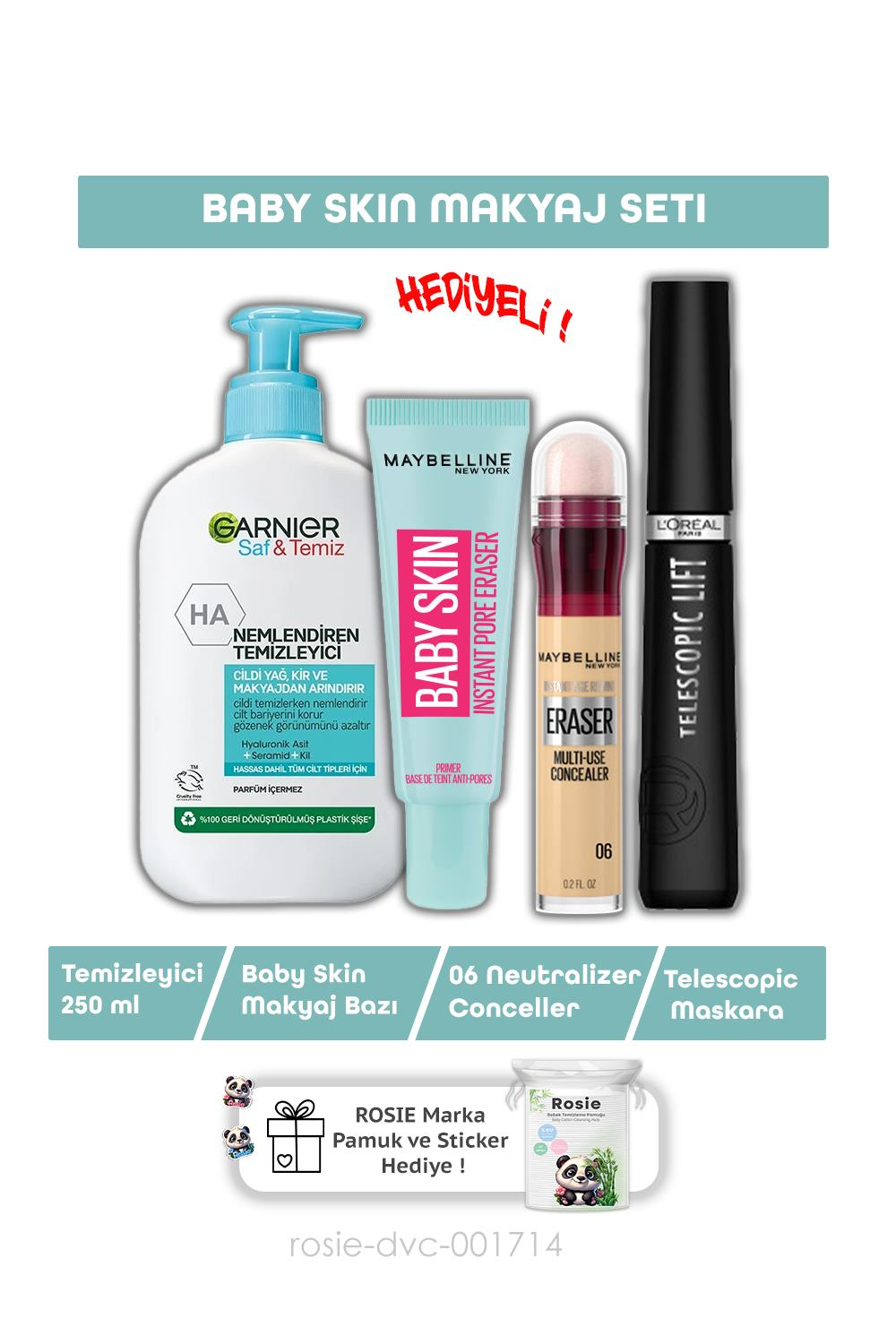 Loreal Paris Telescopic Maskara, Baby Skin Gözenek Gizleyici, Conceller 06 Neutralizer, Yüz Temizleyici 250 ml ve ROSIE