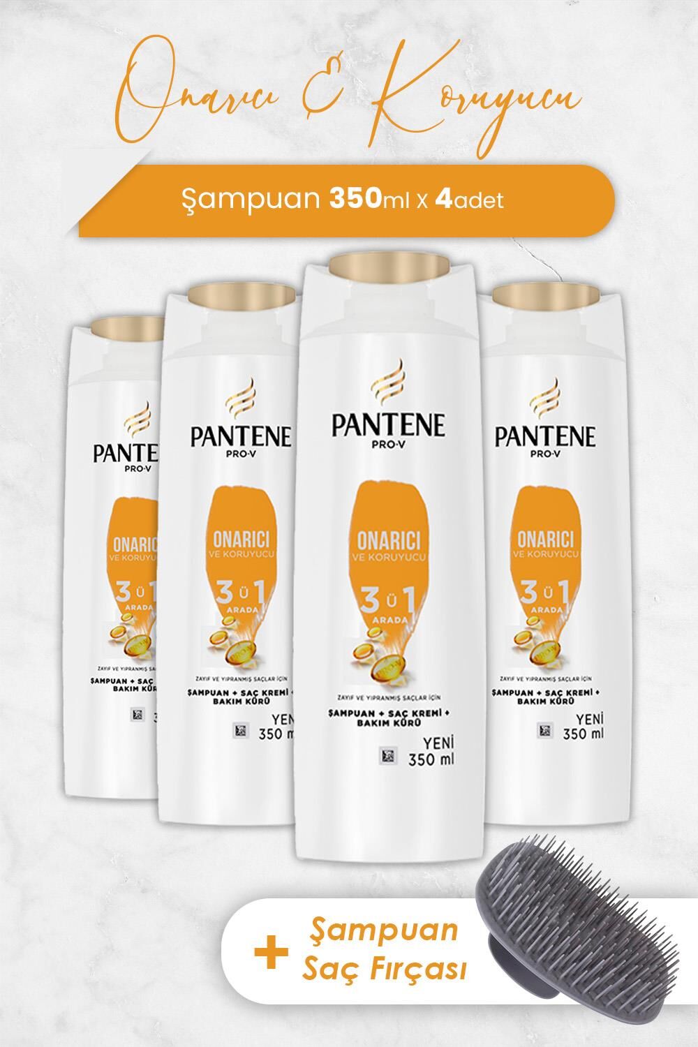 Pantene Şampuan Pro-V Onarıcı ve Koruyucu 3'ü 1 Arada 350 ml x 4 Adet ve Şampuan Fırçası