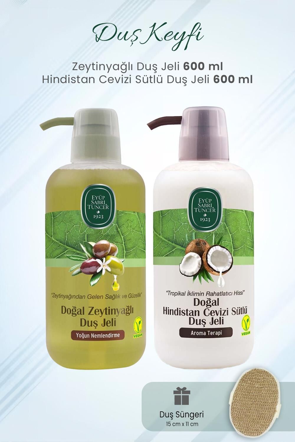 Eyüp Sabri Tuncer Duş Jeli Zeytinyağlı, Hindistan Cevizi 600 ml ve Duş Süngeri