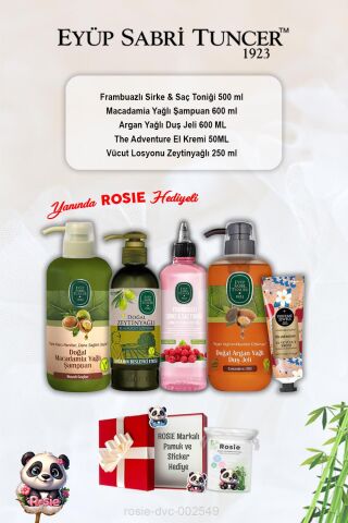 Losyon Zeytinyağlı, The Adventure Krem, Argan Duş Jeli, Macadamia Şampuan, Frambuazlı Tonik ve Rosie