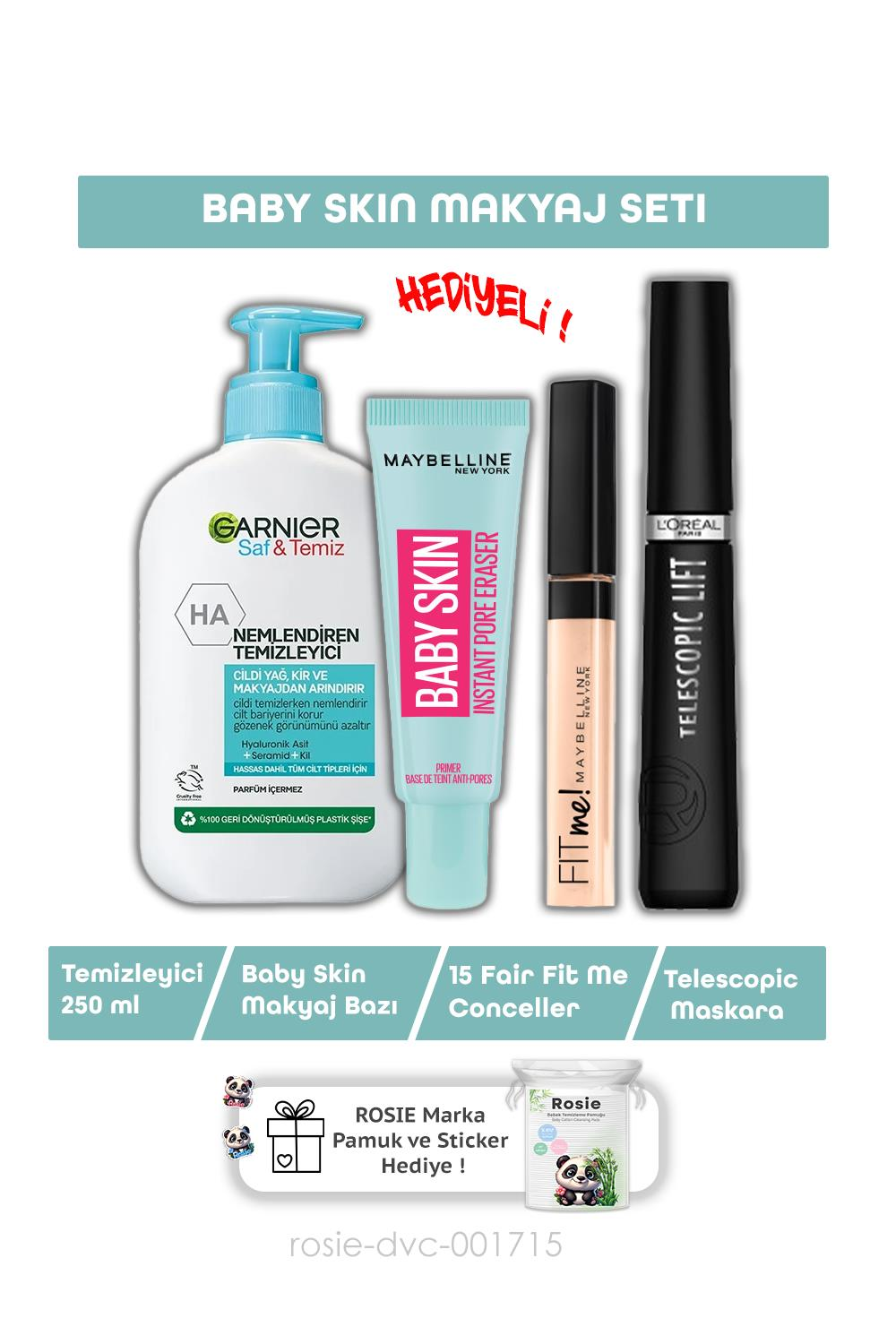 Loreal Paris Telescopic Maskara, Baby Skin Baz, Fit Me Conceller 15 Fair, Yüz Temizleyici 250 ml ve ROSIE