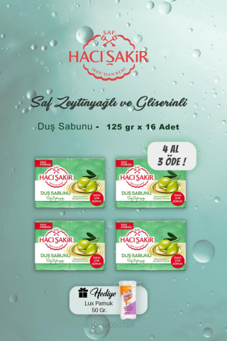 4 AL 3 ÖDE Hacı Şakir Saf Zeytinyağlı Duş Sabunu 4x4 Adet, Pamuk Hediyeli