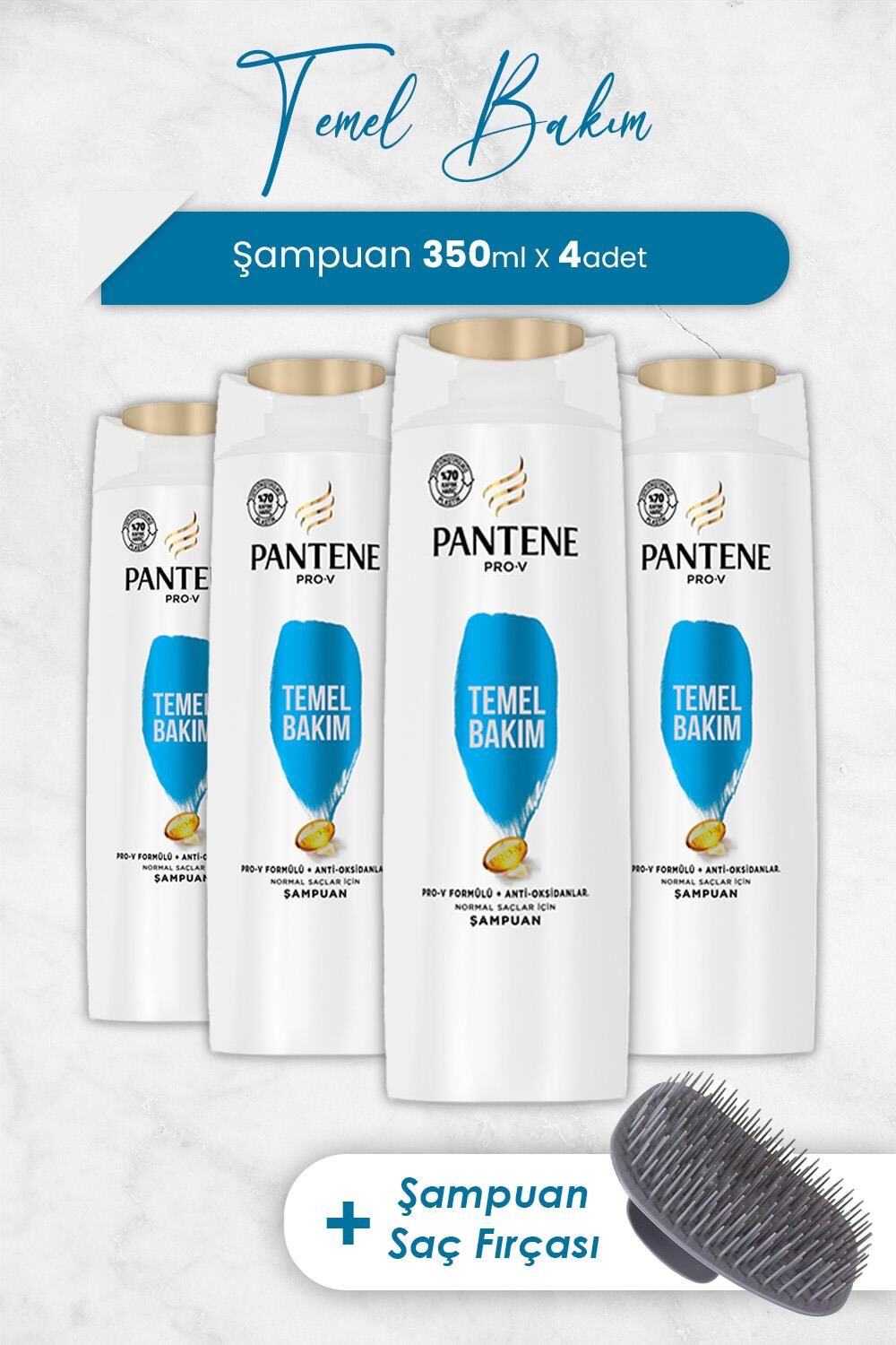Pantene Şampuan Pro-V Temel Bakım 350 ml x 4 Adet ve Şampuan Fırçası