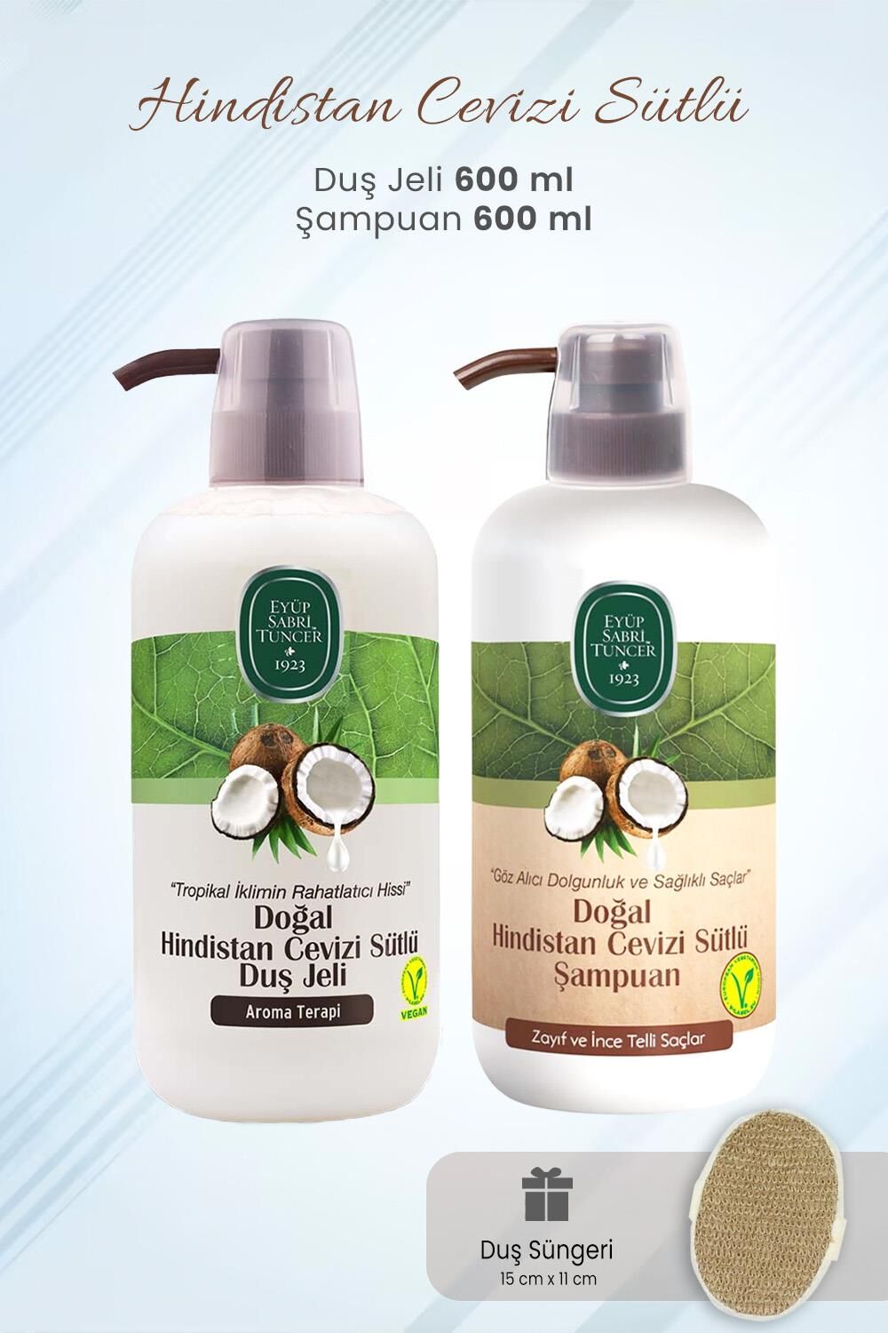 Eyüp Sabri Tuncer Hindistan Cevizi Duş Jeli, Şampuan 600 ml ve Duş Süngeri