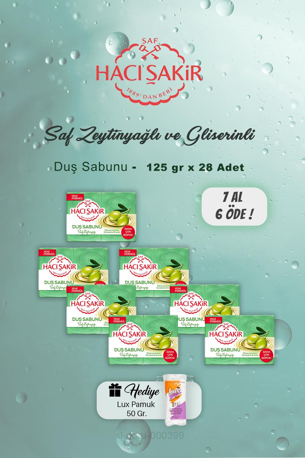 7 AL 6 ÖDE Hacı Şakir Saf Zeytinyağlı Duş Sabunu 7x4 Adet, Pamuk Hediyeli
