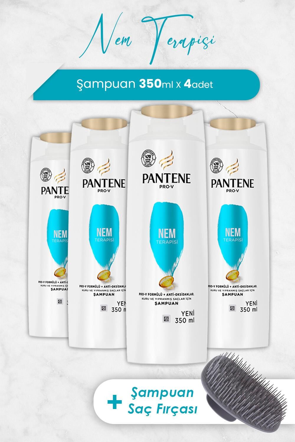 Pantene Şampuan Pro-V Nem Terapisi 350 ml x 4 Adet ve Şampuan Fırçası