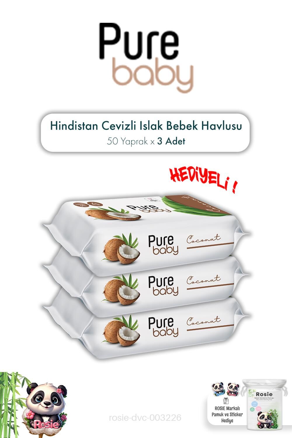 Hindistan Cevizli Pure Baby 50'li Islak Bebek Havlusu X 3 ve ROSIE