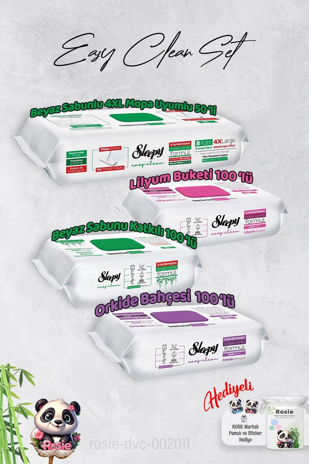 Sleepy Beyaz Sabun, Orkide,Lilyum ve 4 XL 50'li Beyaz Sabunlu Mop Yüzey Temizlik Havlusu Hediye Rosie