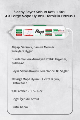 Sleepy Beyaz Sabun, Orkide,Lilyum ve 4 XL 50'li Beyaz Sabunlu Mop Yüzey Temizlik Havlusu Hediye Rosie