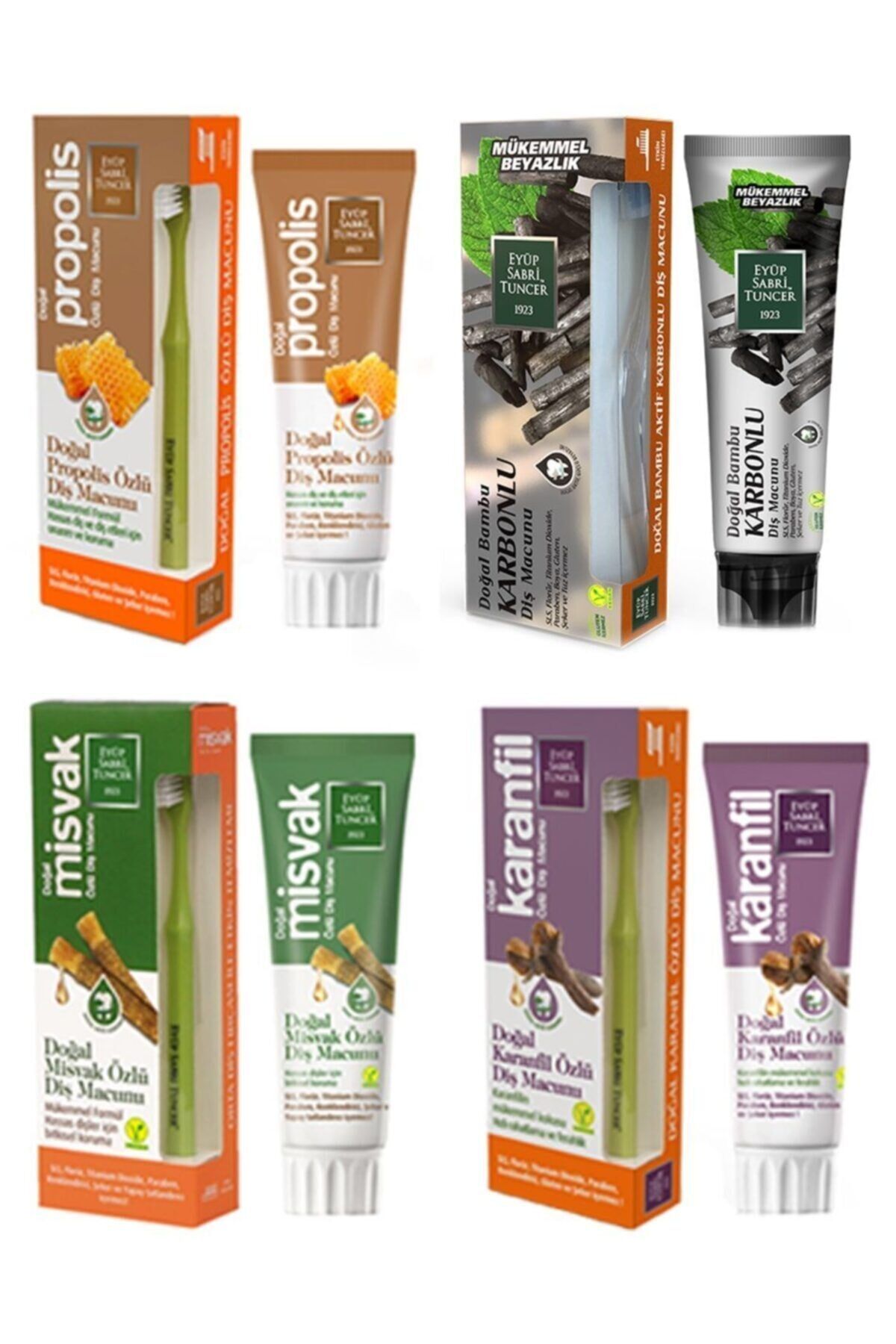 Eyüp Sabri Tuncer Diş Fırçalı Diş Macunu, Misvak, Karanfil, Propolis, Doğal Bambu Karbon 4'lü Set