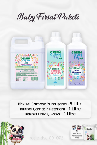 Green Clean Baby  Çamaşır Yumuşatıcı 5 lt, Çamaşır Deterjanı 1lt, Leke Çıkarıcı 1lt ve ROSIE