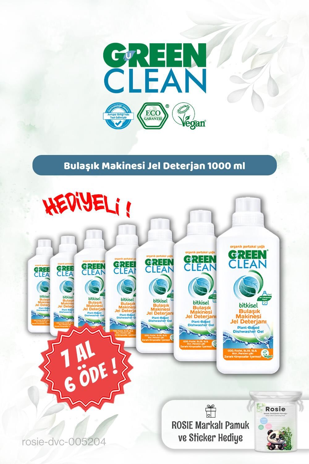 Green Clean Bulaşık Jel Deterjan 1000 ml 7 AL 6 ÖDE ve Rosie Hediye