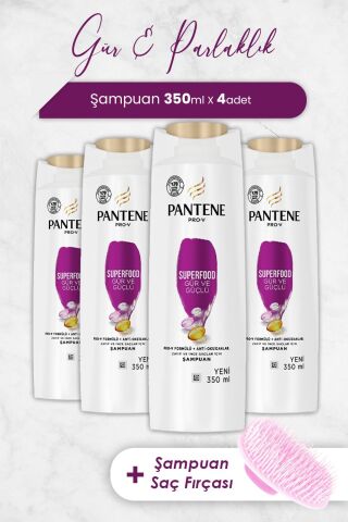 Pantene Şampuan Pro-V Superfood Gür ve Parlak Saçlar 350 ml x 4 Adet ve Şampuan Fırçası