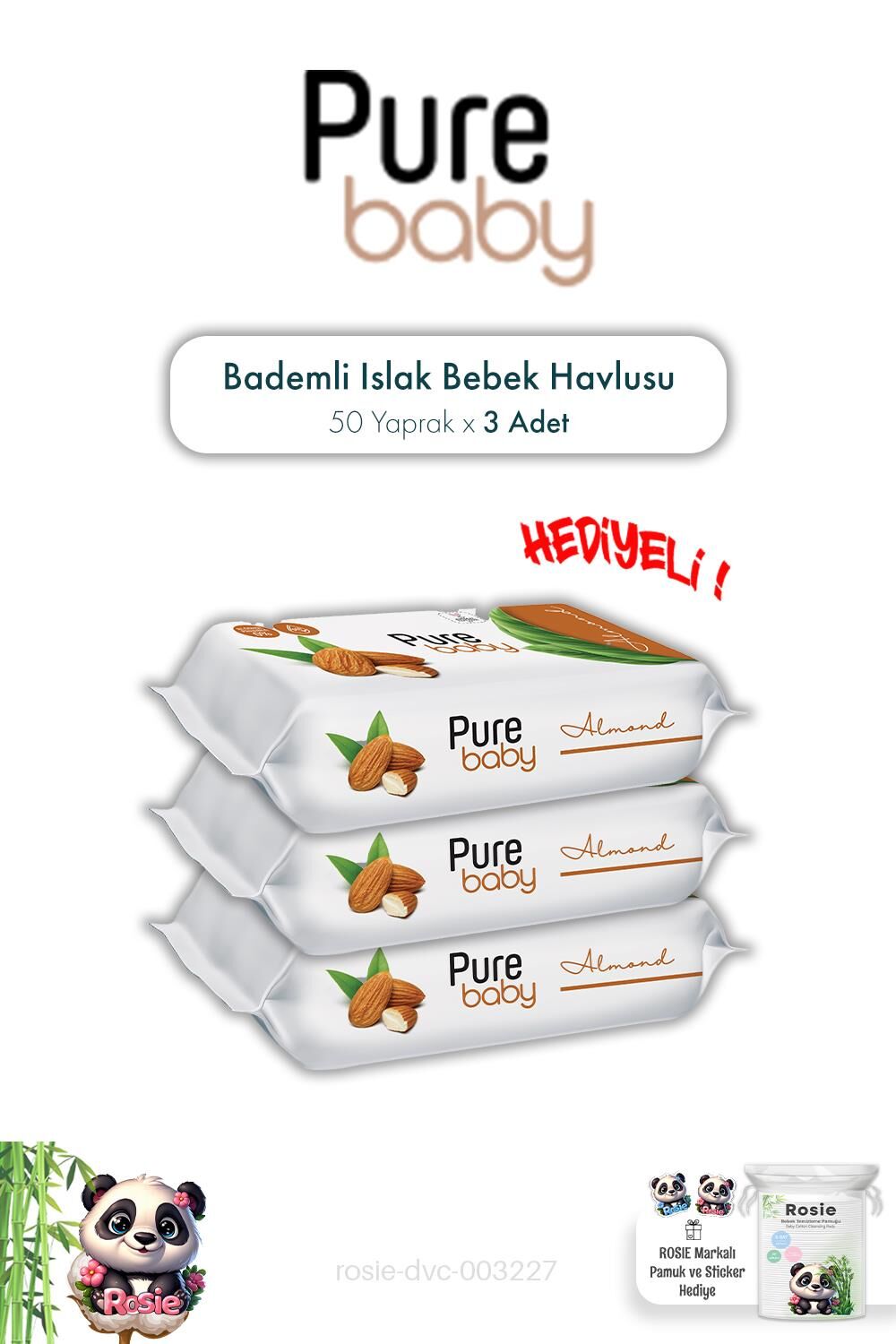 Pure Baby Bademli 50'li Islak Bebek Havlusu X 3 ve ROSIE