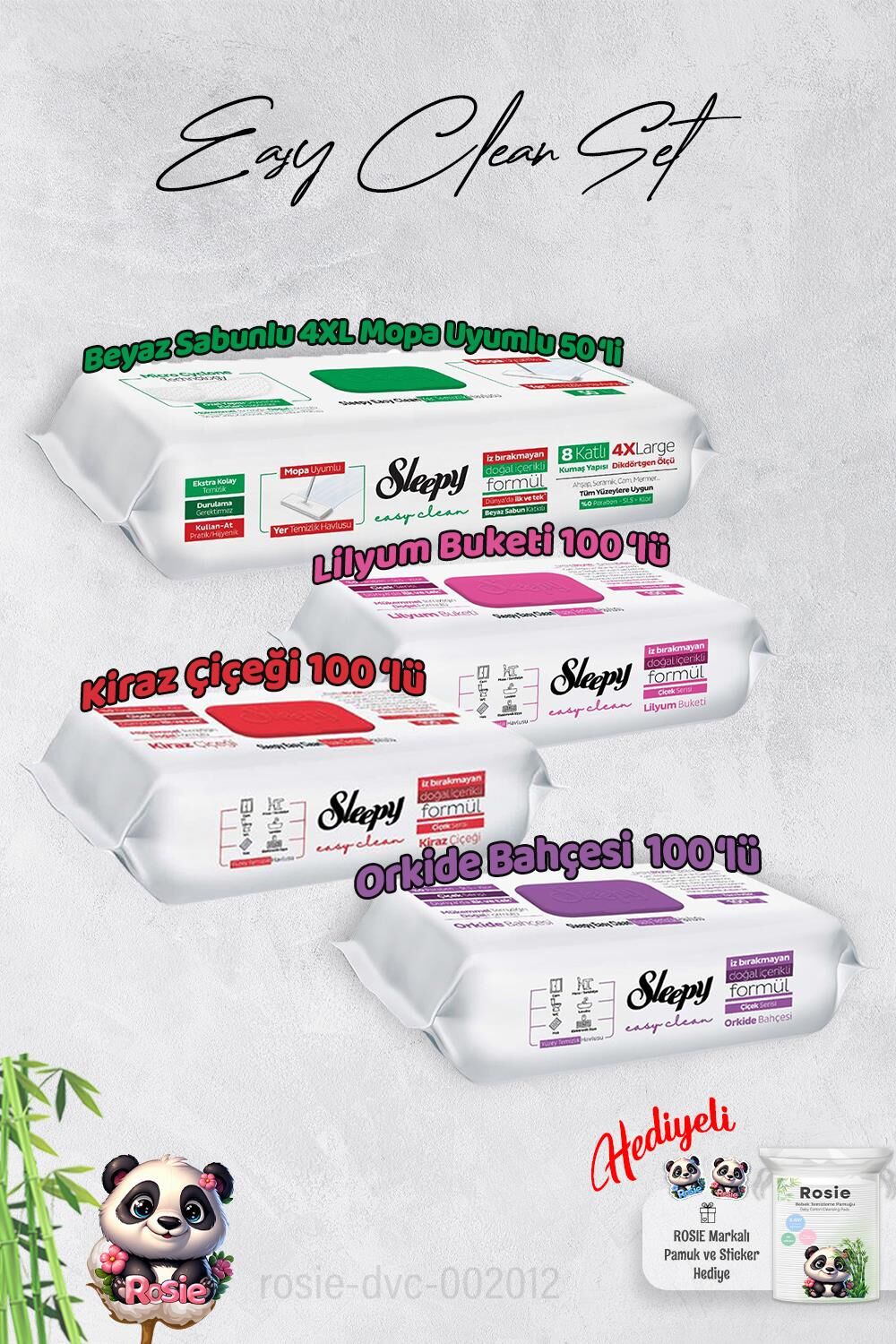 Sleepy  Kiraz Çiçeği, Orkide, Lilyum ve 4 XL 50' li Beyaz Sabunlu Mop Yüzey Temizlik Havlusu ve Hediye Rosie