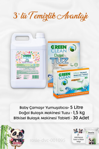 Green Clean Baby Çamaşır Yumuşatıcı 5 lt, B.Makinesi Tableti 30'lu, Makine Tuzu 1.5 kg ve ROSIE
