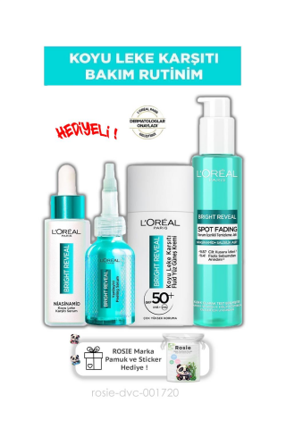 Loreal Paris Bright Reveal Koyu Leke Karşıtı Cilt Bakım Seti & SPF 50+ Koyu Leke Karşıtı Yüz Güneş Kremi ve ROSIE