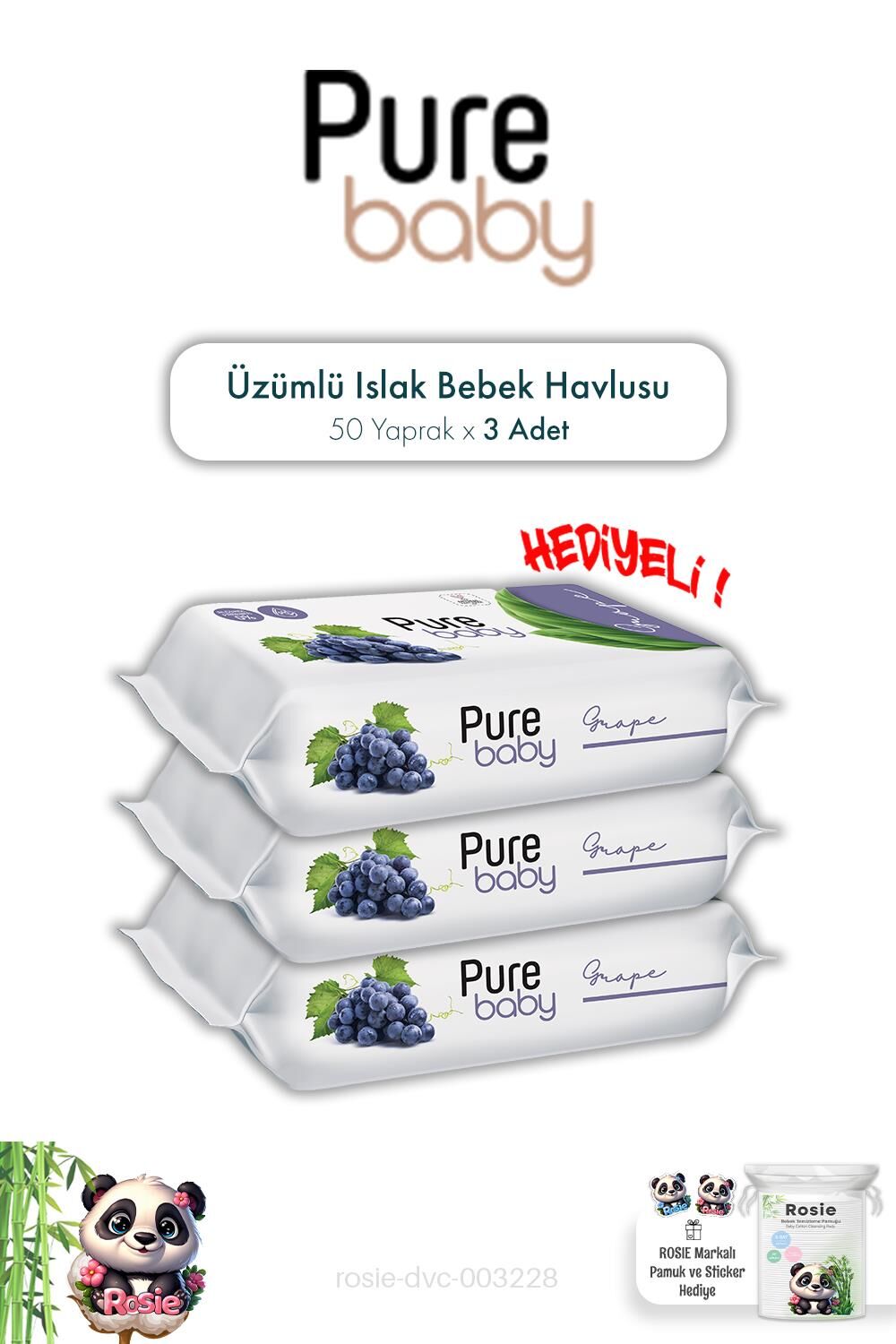 Üzümlü 50'li Islak Bebek Havlusu Pure Baby X 3 ve ROSIE