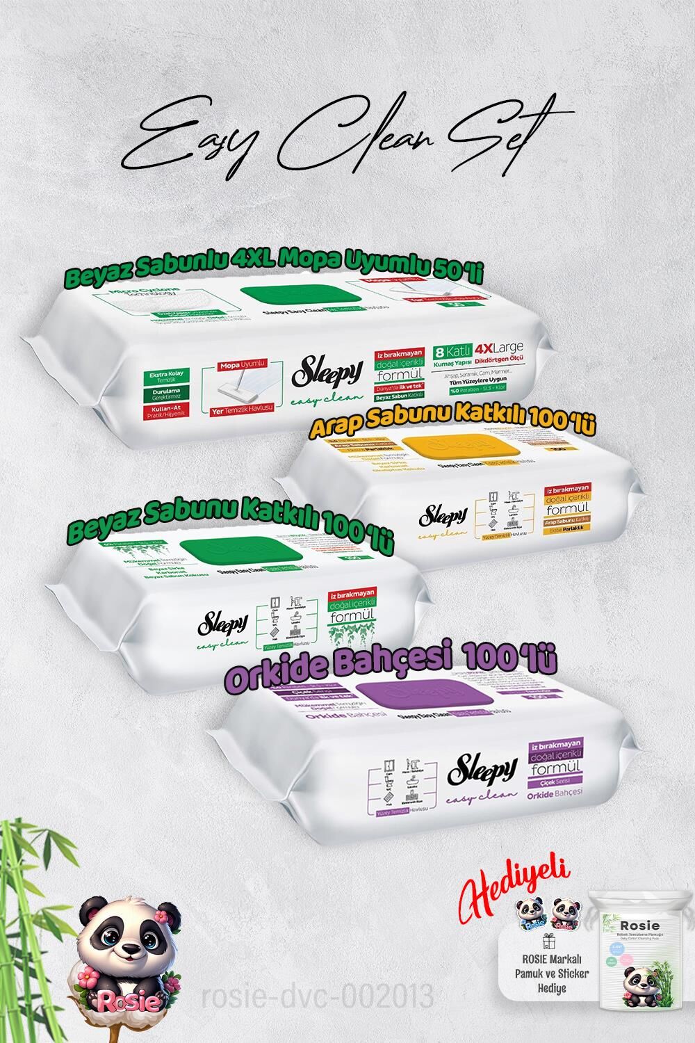 Sleepy  Arap Sabun, Orkide, Beyaz Sabun ve 4 XL 50'li Beyaz Sabunlu Mop Yüzey Temizlik Havlusu Hediye Rosie