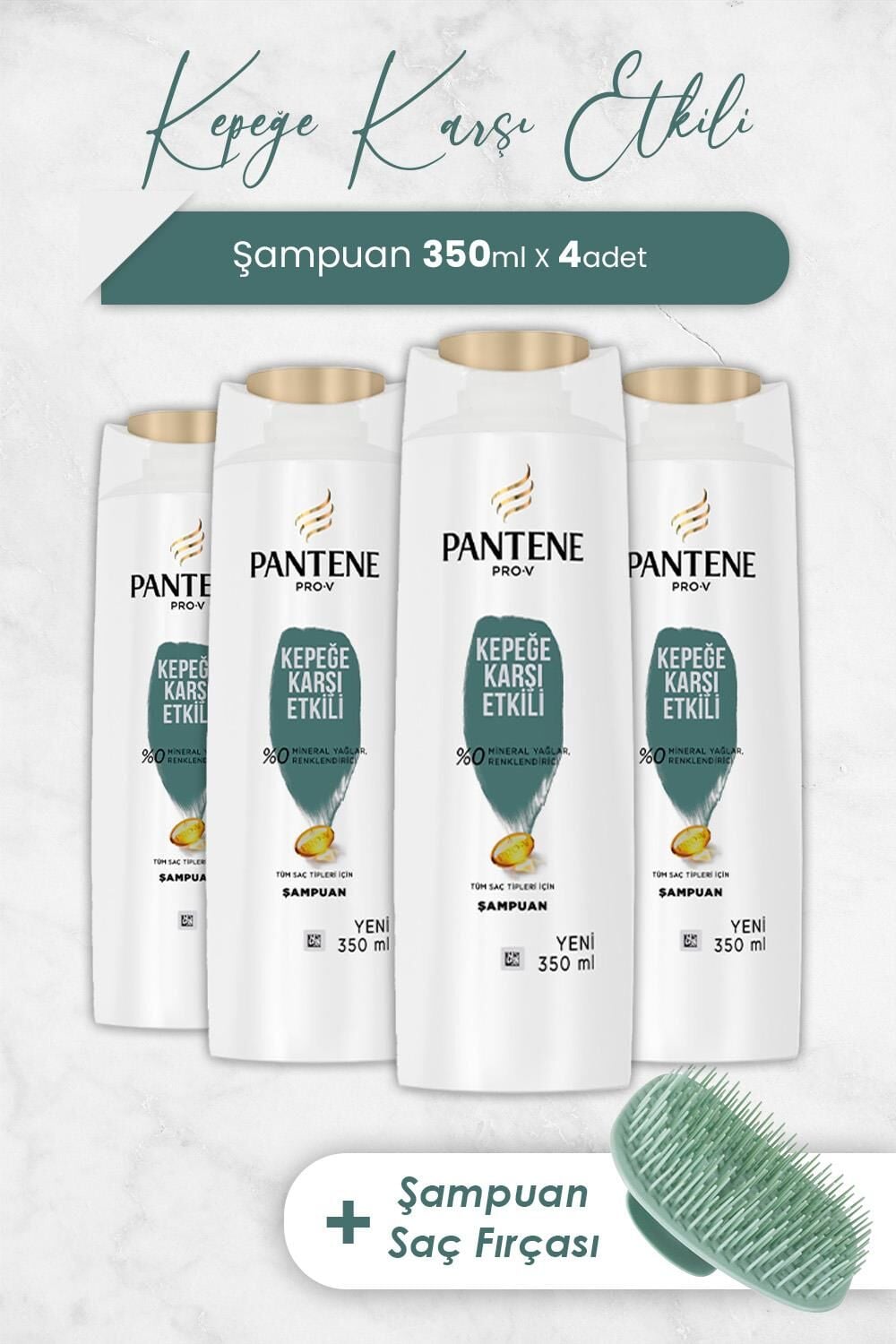 Pantene Şampuan Pro-V Kepeğe Karşı Etkili 350 ml x 4 Adet ve Şampuan Fırçası