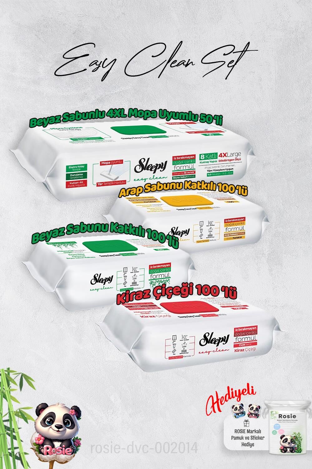 Sleepy  Arap Sabun, Kiraz, Beyaz Sabun ve 4 XL 50'li Beyaz Sabunlu Mop Yüzey Temizlik Havlusu Hediye Rosie