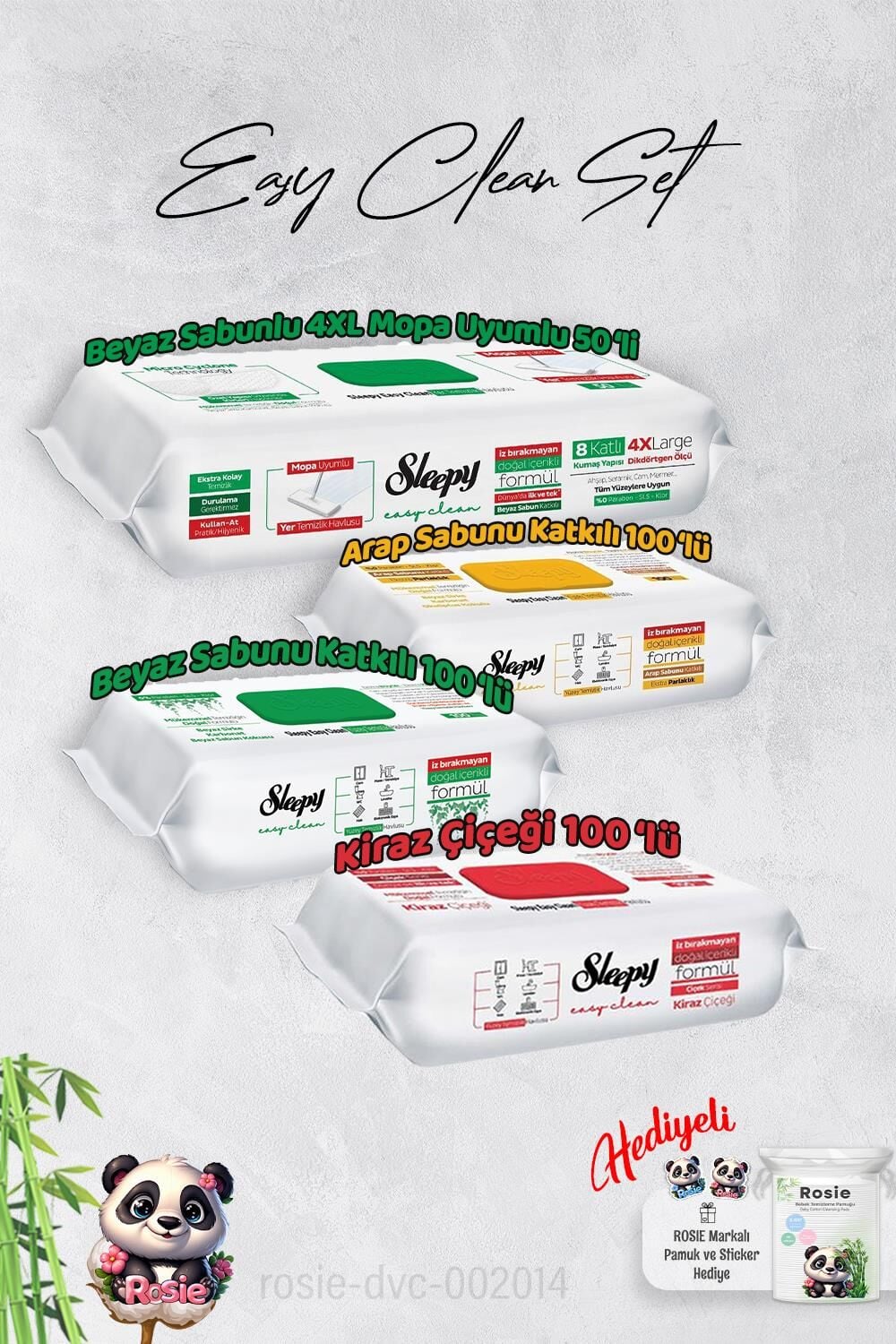 Sleepy  Arap Sabun, Kiraz, Beyaz Sabun ve 4 XL 50'li Beyaz Sabunlu Mop Yüzey Temizlik Havlusu Hediye Rosie