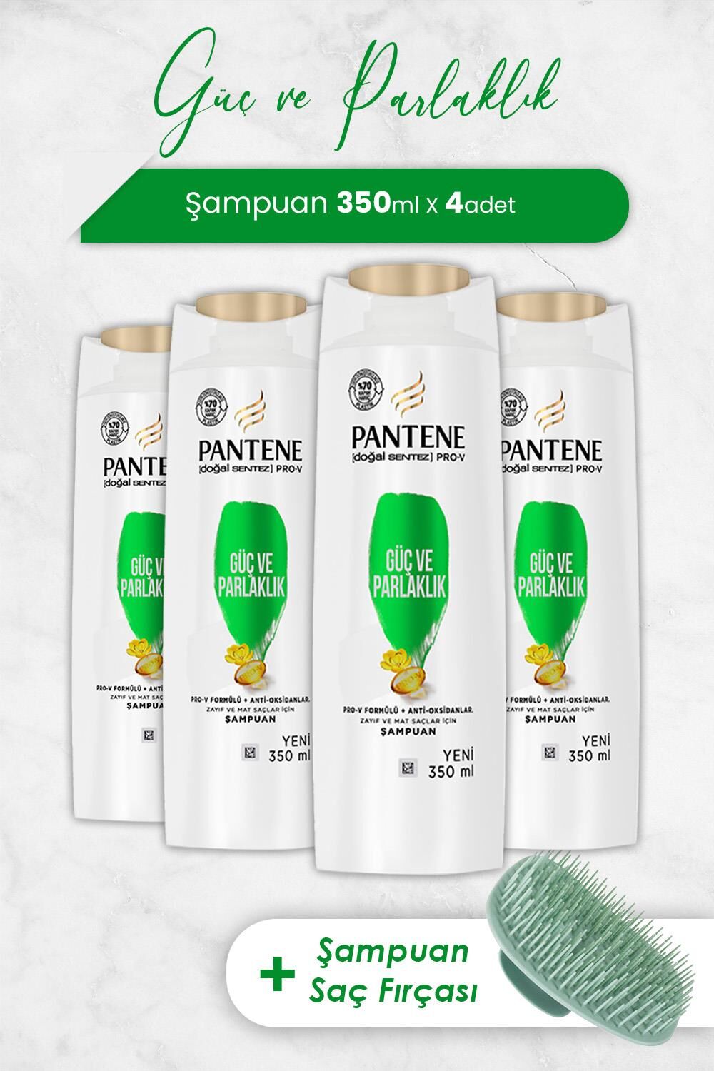 Pantene Şampuan Pro-V Doğal Sentez Güç ve Parlaklık 350 ml x 4 Adet ve Şampuan Fırçası