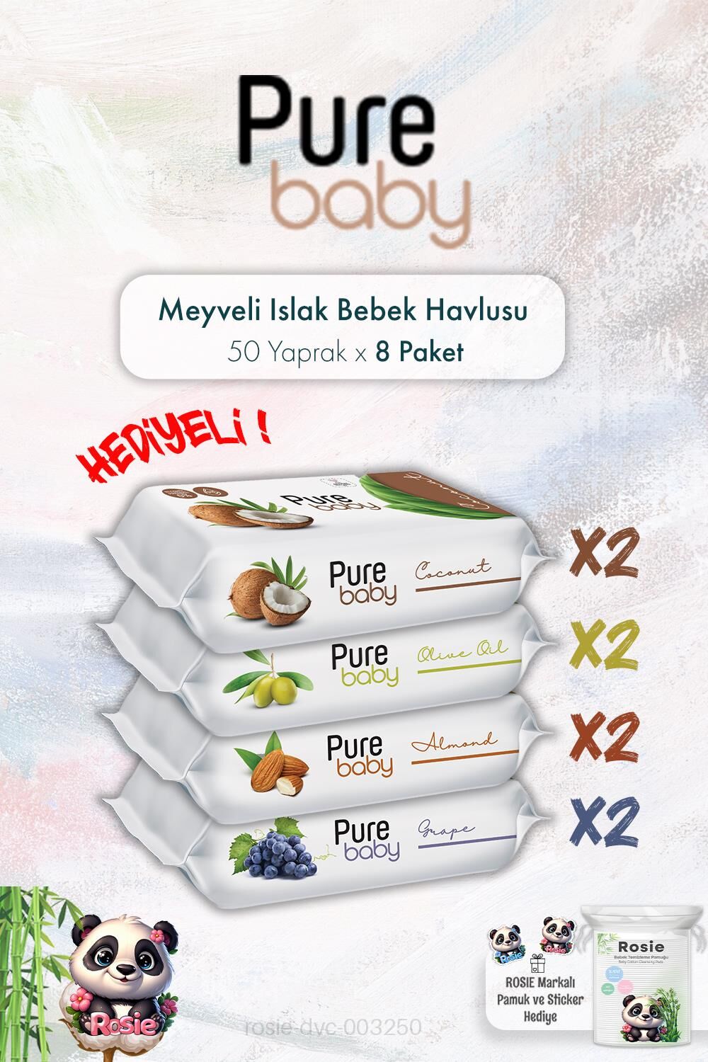 Pure Baby Meyveli Islak Mendil Paketi 50'li 8 Paket ve ROSIE