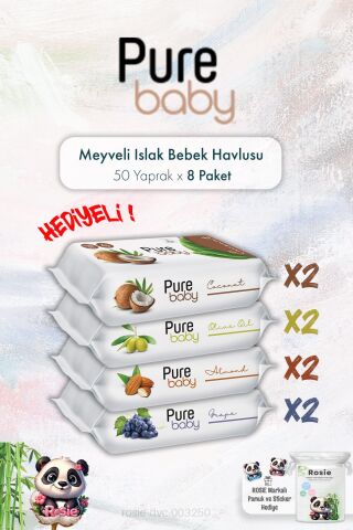 Pure Baby Meyveli Islak Mendil Paketi 50'li 8 Paket ve ROSIE