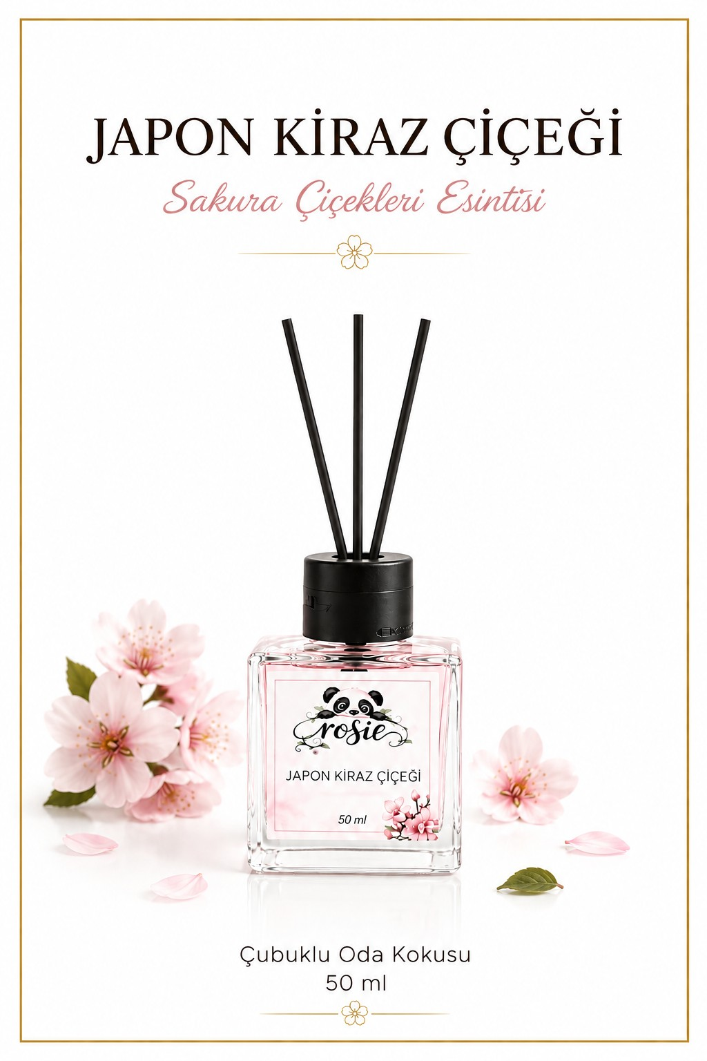 Rosie Japon Kiraz Çiçeği Çubuklu Oda Kokusu, Premium Cam Şişe, Kalıcı Ortam Kokusu, Dekoratif Reed Diffuser