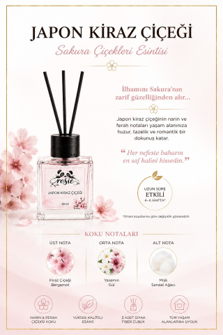 Rosie Japon Kiraz Çiçeği Çubuklu Oda Kokusu, Premium Cam Şişe, Kalıcı Ortam Kokusu, Dekoratif Reed Diffuser