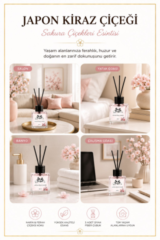 Rosie Japon Kiraz Çiçeği Çubuklu Oda Kokusu, Premium Cam Şişe, Kalıcı Ortam Kokusu, Dekoratif Reed Diffuser