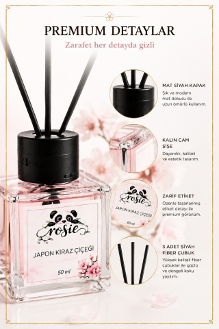 Rosie Japon Kiraz Çiçeği Çubuklu Oda Kokusu, Premium Cam Şişe, Kalıcı Ortam Kokusu, Dekoratif Reed Diffuser