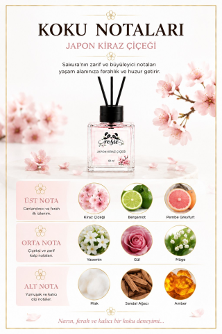 Rosie Japon Kiraz Çiçeği Çubuklu Oda Kokusu, Premium Cam Şişe, Kalıcı Ortam Kokusu, Dekoratif Reed Diffuser